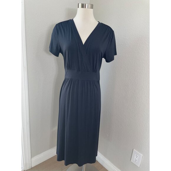 LL Bean Womens Large Black Faux Wrap Dress Stretch Short Sleeve V Neck - Picture 1 of 8